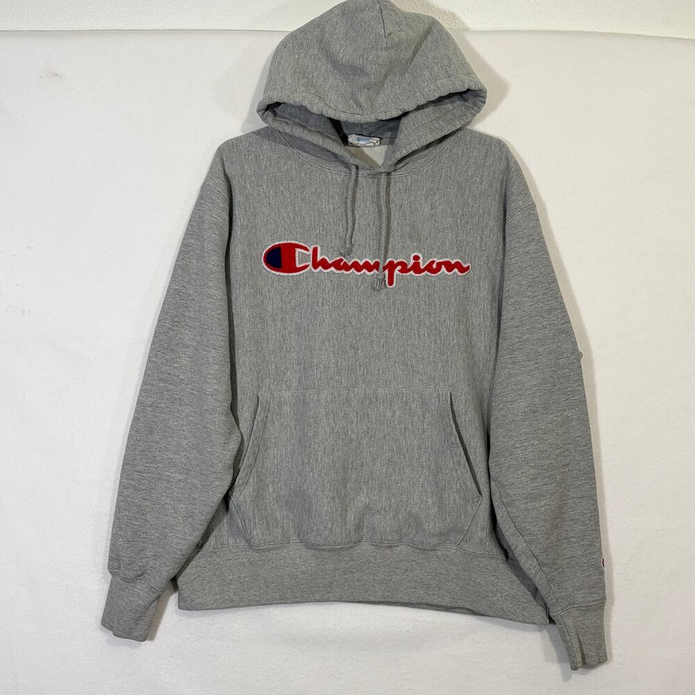 Champion Reverse Weave Hoodie Mens Large Gray Red Stitched Logo Thick Knit